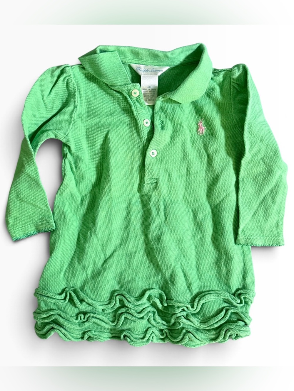 Ralph Lauren Baby Girl Dress Infant 6M Green Polo Long Sleeve Ruffle Hem